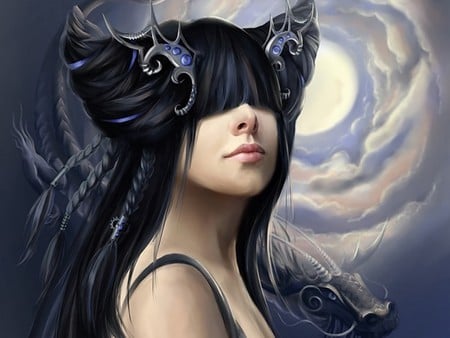 Dragon princess - black hair, girl, fantasy, dragon