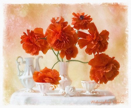 still life - photography, tea cup, bouquet, still life, orange flowers, cup, vase, white, teapot, coffee pot, red, beautiful, orange, flowers, poppy