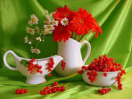 still life - vase, beautiful, photography, still life, bouquet, flowers, white, red, green