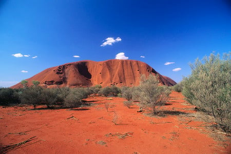 Uluru - desert, arid, wonder of the world, rock, red soil, blue sky