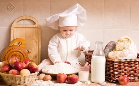 Cute Chef - apple, cute, baby, adorable, chef, apples, people, food, milk, bread