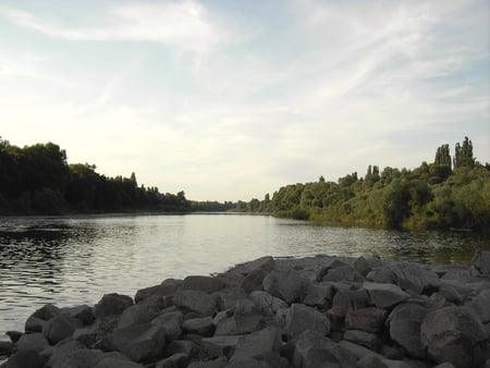 River France - clouds, trees, water, frankreich, rhein, stones, fluss, river, france, sky