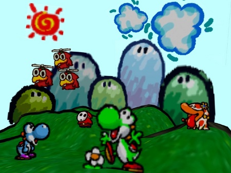 yoshi's island-yoshi land - white, yoshi, red, blue, green, grass, flower