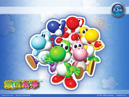 yoshi's story - yellow, light blue, blue, red, green, yoshi, apple, pink