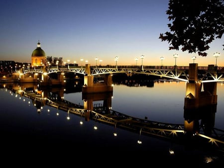 Night View - church, france, reflection, river, water, tree, lights