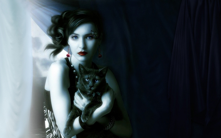 Sweetness - woman, girl, cat, blue eyes, red lips, wallpaper, butterfly, entropy, sweetness