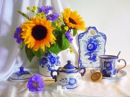 still life - flower bouquet, drink, yellow, blue, beautiful, flowers, still life, vase