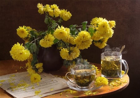 still life - drink, photography, tea, note, still life, vase, flower bouquet, yellow, beautiful, flowers