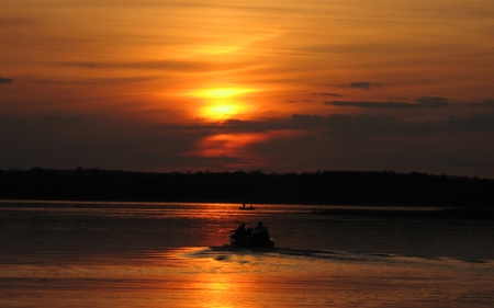 to catch a fish - clouds, boats, hills, fishermen, sunrise, lake, reflection