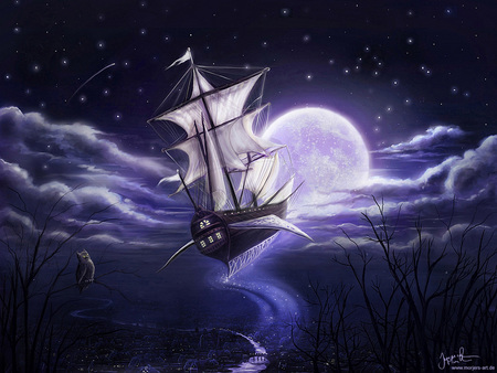 Journey of Dreams - clouds, moon, fantasy, town, meteor, sailship, stars