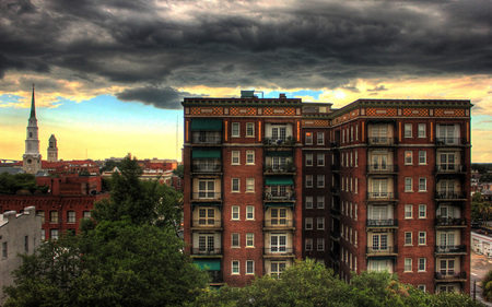 Skies above Savannah - clouds, trees, blue, city, buildings, dark, sky