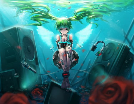 hatsune miku - vocaloid, headphones, miku, underwater, hatsune