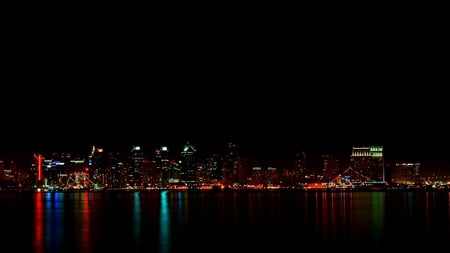 San Diego at Night - ocean, skyline, reflection, night, bay, lights