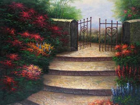 Garden of Promise - flowers, trees, gate, garden, steps