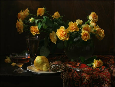 Friendship roses - spoon, nice, wineglass, glass, roses, fruits, pears, wine, vase, cloth, yellow, petals, table, flowers, plate