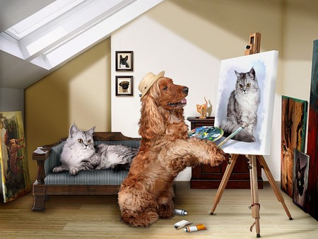 We're best friends - hat, sunlight, dog, easel, cat, chair, painting, brush, animals