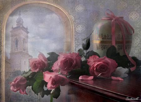 A view of Romance - vase, window, table, romance, petals, pink, still life, flowers, view, arch, rose, ribbon, dreamy, building