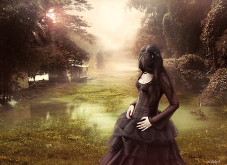 Victorian - trees, girl, beautiful, mist, surreal