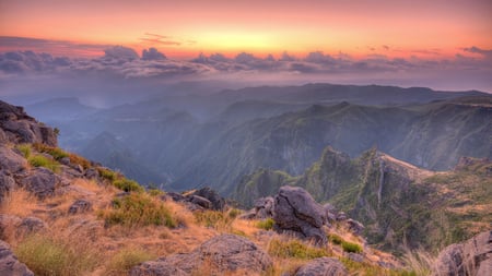 Sunrise in Areeiro - nature, valley, beautiful, clouds, mountains, sunrise