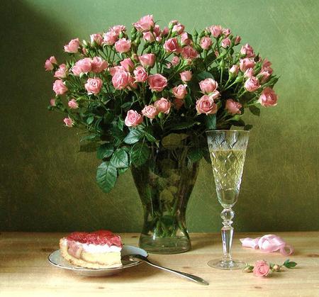 Wine, roses and cheesecake - roses, glass, pink, cheesecake, wine, vase