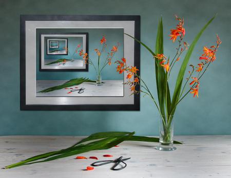 Reflection reflection reflection - reflections, scissors, mirrors, vase, orange flowers