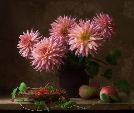 Still Life Beauty - vine, pink, ivy, flowers, pot, berries, apples