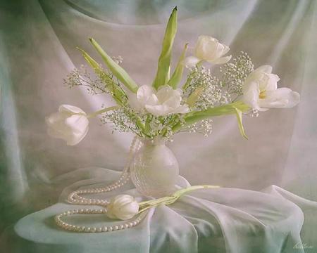 White with pearls - pearls, white flowers, green, leaves, vase, drape