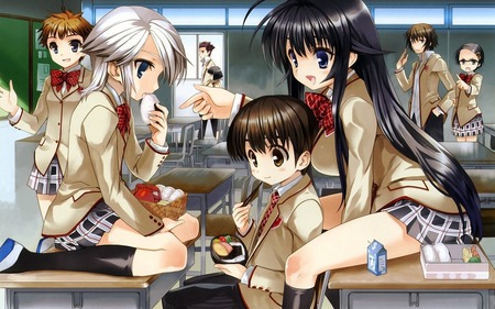 Kanokon - bento, kouta, skirt, skirts, obento, long hair, uniform, cute girls, nozomu, classroom, cute anime girls, schoo uniform, anime girls, brunette, chizuru, kanokon