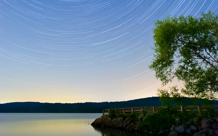 Lake Arthur Star Trails - nature, fence, lake, stars, trees, shore, dusk