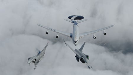 EF2000 Typhoon with NATO AWACS - clouds, jet, nato, 2, aircraft, euro, typhoon, eurofighter, ef2000, awacs, cloud