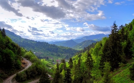 My Beautiful Mountains - clouds, trees, romania, beautiful, road, landscape, grass, nature, green, mountains, peaceful, sky