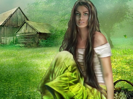 Green  Beauty - summer, people, female, brown, serene, grass, long hair, brunette, cottage, women, house, abstract, trees, beautiful, girl, figure, 3d cg, body, girls, basket, black, fantasy, white, nature, green, woman, forrest