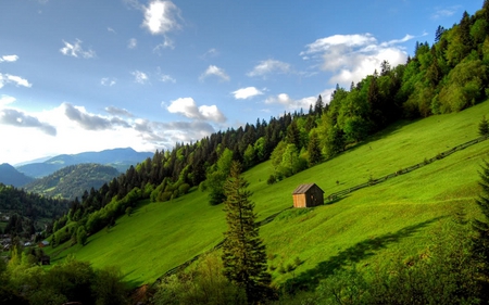 Somewhere In My Beautiful Country - clouds, house, trees, hills, romania, beautiful, landscape, grass, village, nature, green, mountains, peaceful, sky