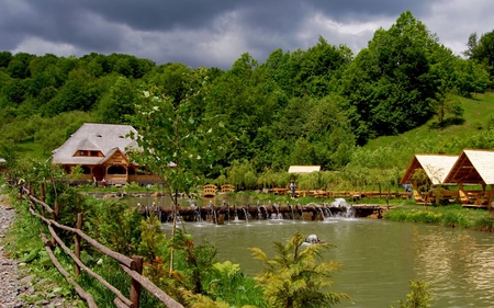 Somewhere In My Beautiful Country - cottage, sky, trees, people, peaceful, mountains, path, road, romania, clouds, green, house, grass, lake, landscape, nature, beautiful