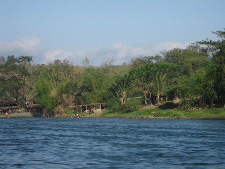 river on summer day - clear sky, calm river, trees, clouds