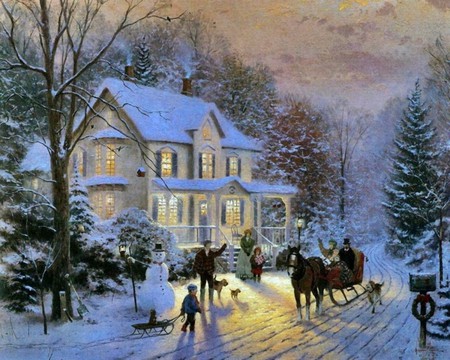 winter time - snow, winter, people, cottage