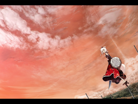 Inubashiri Momiji - clouds, inubashri momiji, crimson sky, anime, touhou, sky