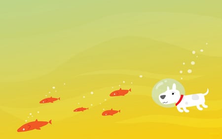 Gone Fishing - orange fish, space helmet, ocean, dog