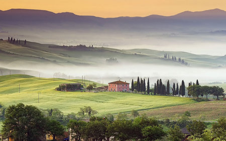 Misty Morning - fields, trees, mountains, house, mist