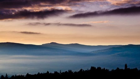 Misty Mountains - dark clouds, mountains, blue tinged, misty