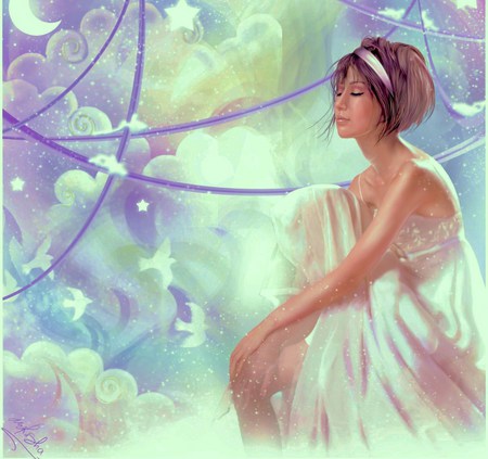 Day dreams - pastels, clouds, light, girl, ribbons, birds, dress