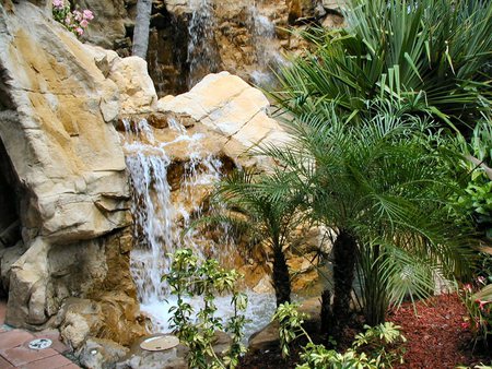 Tropical Gardens - palms, waterfall, tropical, garden, rocks