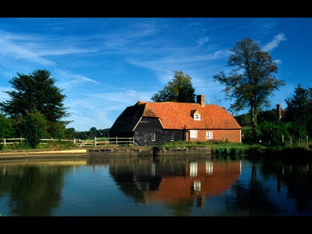 Idyllic spot - fence, lake, trees, tranquil, house, country