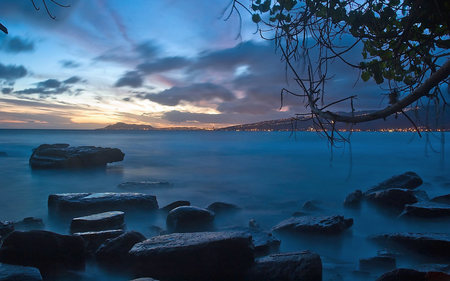 Over the bay - nightfall, sunset, blue water, evening, rocks, bay