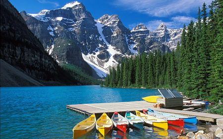 Holiday on the lake - snow, lake, mountains, canoes