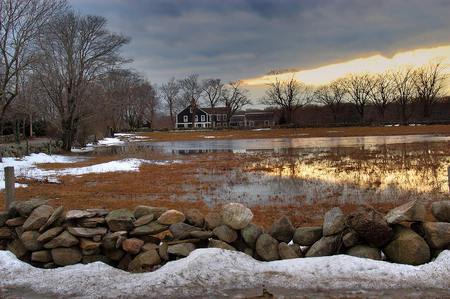 Autumn Lake - house, trees, autumn, snow, lake, rocks