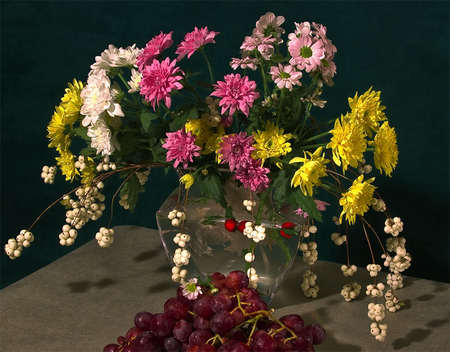 still life - peaceful, photography, graphic, still life, fruit, vase, flower bouquet, beautiful, flowers, color