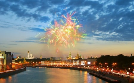 Moscow - cars, moscow, people, fireworks, houses, sky, clouds, russia, trees, beautiful, lanterns, road, city, colors, architecture, buildings, colorful, river, sunset, lights