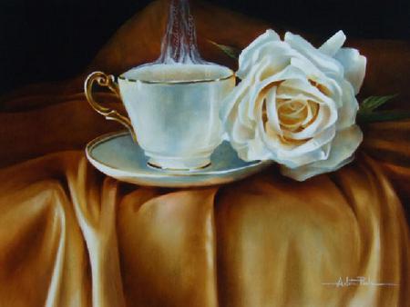 Cup of Tea and a Rose - tablecloth, painting, tea, saucer, rose, cup, gold