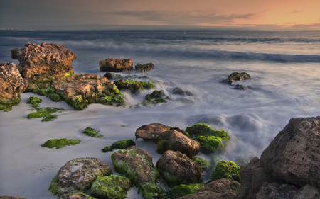 Beach Sunset - sky, seaweed, serene, coastline, mist, rocks, clouds, dusk, sea, lights